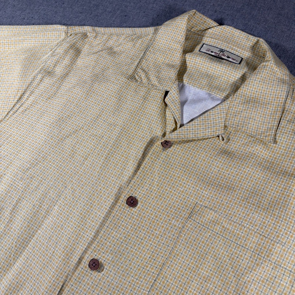 Tommy Bahama Button Down Shirt Mens Large Yellow Silk Plaid‎ Camp Collar Pocket